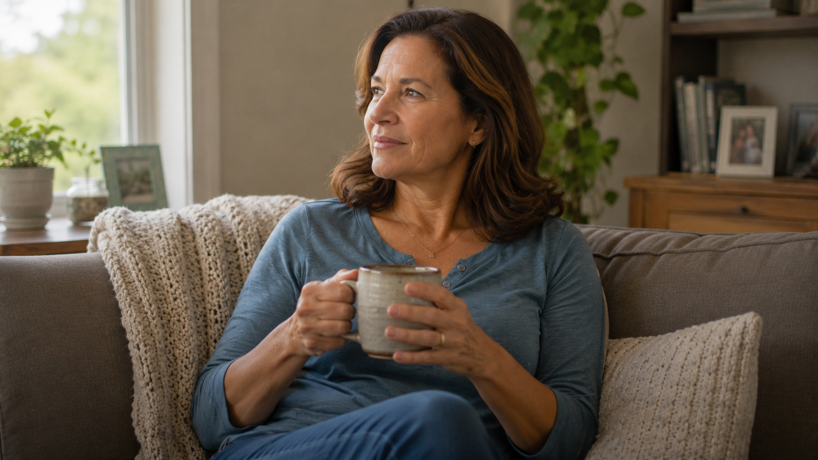 Woman relaxing comfortably at home with a cup of tea