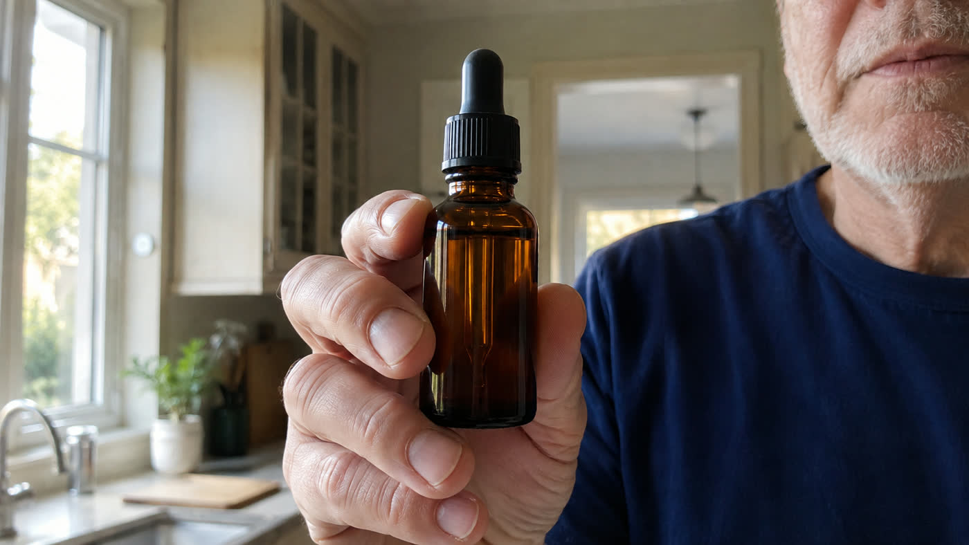 Person holding a dropper bottle at home