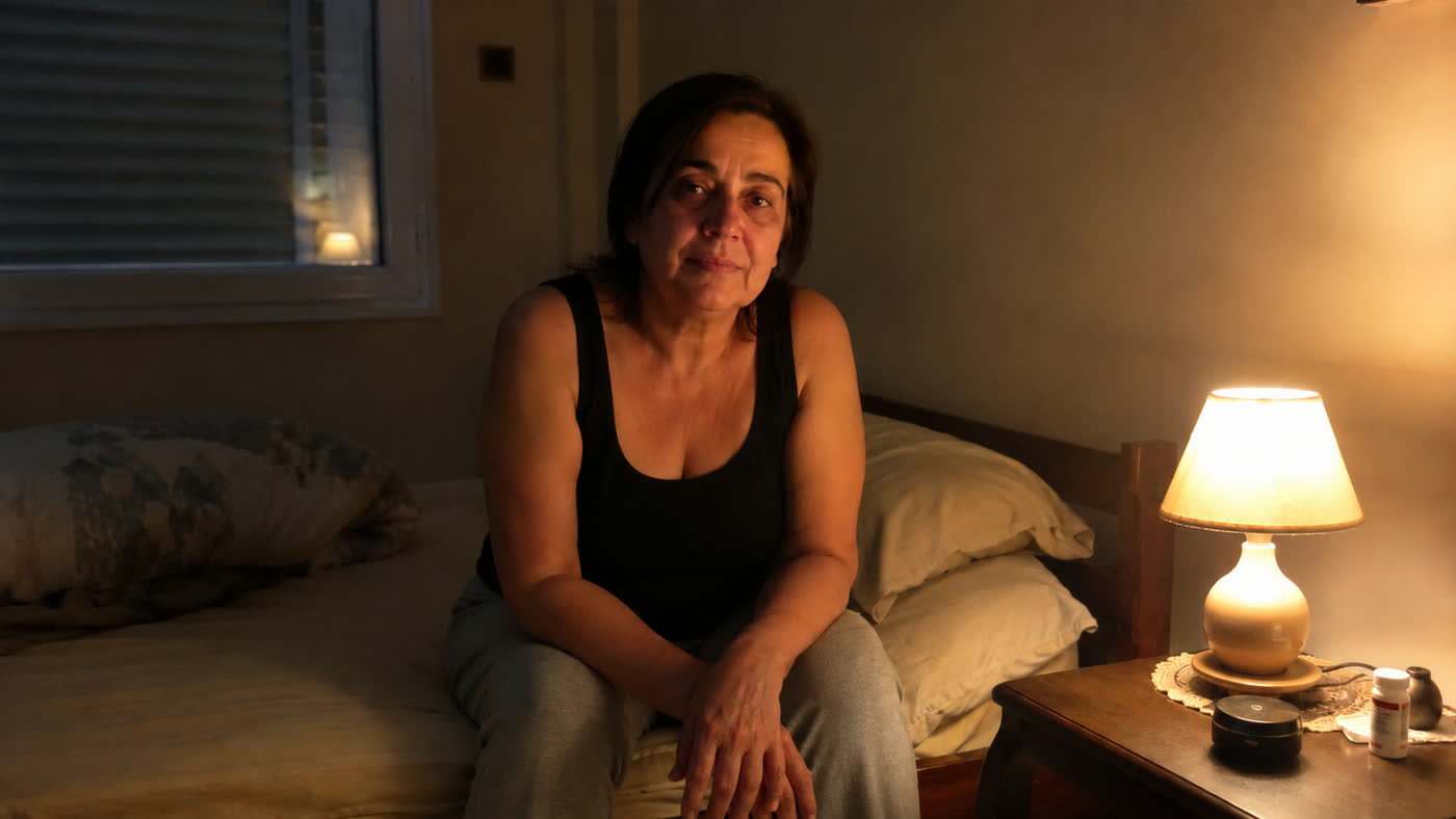 Person sitting on the edge of a bed at night